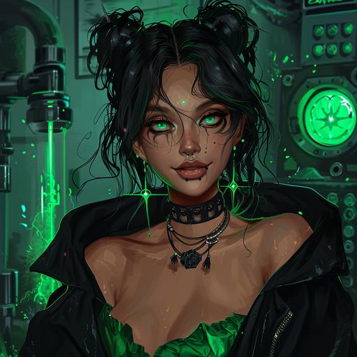 (Cute brown-skinned female, green cat like eyes, short messy black hair, dressed as a high tech evil witch, black robe, green dress underneath, in 2290 in an evil science lab, sinister smile, evil makeup and jewelry, rough bumpy skin, cosplaying as a an evil ugly witch), Graffiti Tags,