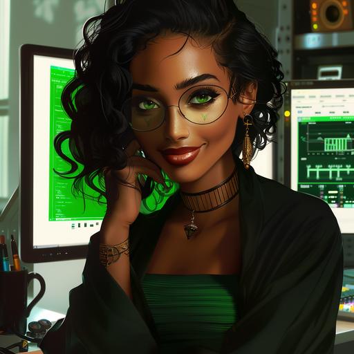 (Cute brown-skinned woman, science teacher, green cat like eyes, short messy black hair, dressed as a high tech evil witch, black robe, green dress underneath, in 2190 in an evil computer lab, sinister smile, evil makeup and jewelry, rough bumpy skin, cosplaying as a an evil ugly witch), Graffiti Tags, portrait style, realistic, masterpiece, highest quality