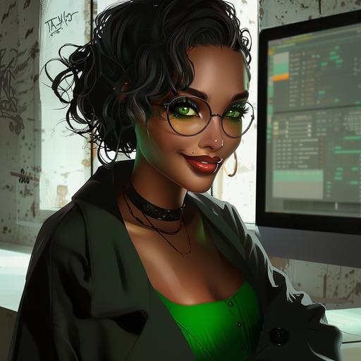 (Cute brown-skinned woman, science teacher, green cat like eyes, short messy black hair, dressed as a high tech evil witch, black robe, green dress underneath, in 2190 in an evil computer lab, sinister smile, evil makeup and jewelry, rough bumpy skin, cosplaying as a an evil ugly witch), Graffiti Tags, portrait style, realistic, masterpiece, highest quality