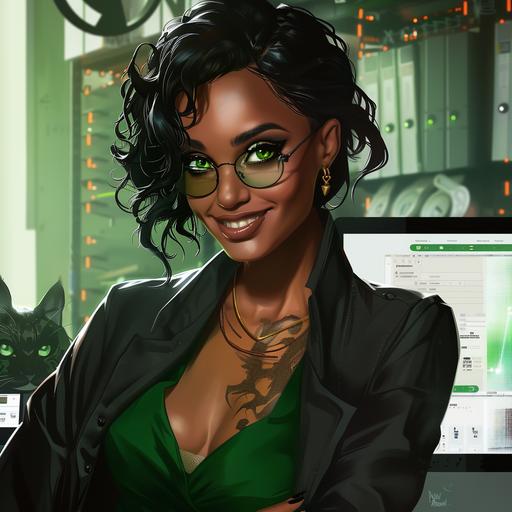 (Cute brown-skinned woman, science teacher, green cat like eyes, short messy black hair, dressed as a high tech evil witch, black robe, green dress underneath, in 2190 in an evil computer lab, sinister smile, evil makeup and jewelry, rough bumpy skin, cosplaying as a an evil ugly witch), Graffiti Tags,