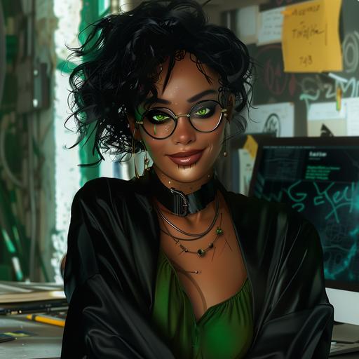 (Cute brown-skinned woman, science teacher, green cat like eyes, short messy black hair, dressed as a high tech evil witch, black robe, green dress underneath, in 2190 in an evil computer lab, sinister smile, evil makeup and jewelry, rough bumpy skin, cosplaying as a an evil ugly witch), Graffiti Tags,