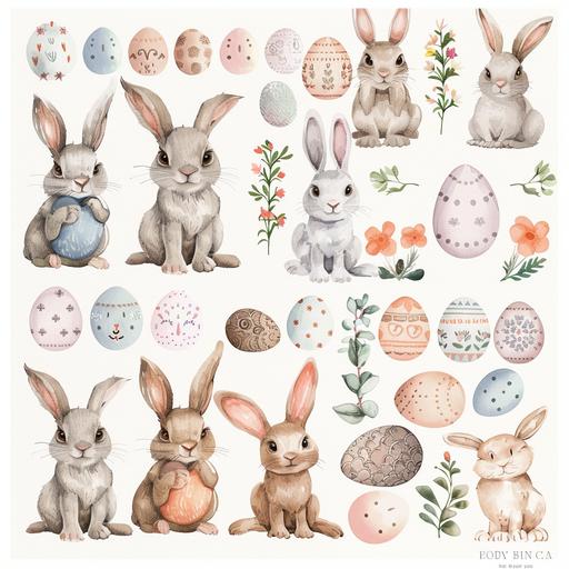 Cute bunny, watercolor bunny clipart, Easter bunny clipart, white background, individual elements separated from each other, main bunny element, easter egg