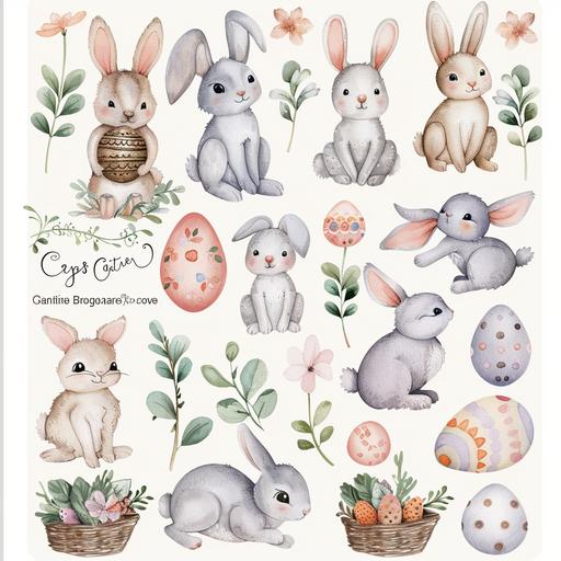 Cute bunny, watercolor bunny clipart, Easter bunny clipart, white background, individual elements separated from each other, main bunny element, easter egg