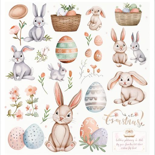 Cute bunny, watercolor bunny clipart, Easter bunny clipart, white background, individual elements separated from each other, main bunny element, easter egg