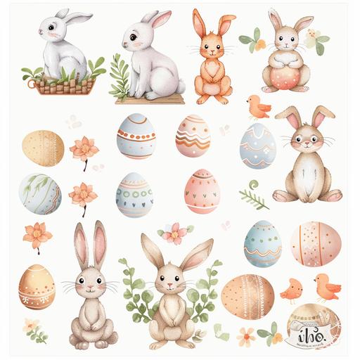 Cute bunny, watercolor bunny clipart, Easter bunny clipart, white background, individual elements separated from each other, main bunny element, easter egg