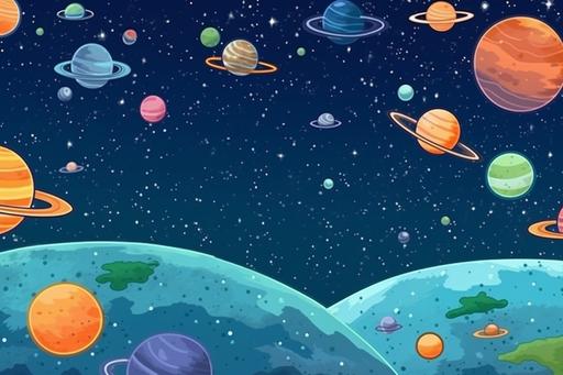 Cute cartoon Space background for kids, copy-space, empty space for text, postcard, greeting card design --ar 3:2 --s 750 --v 5.1