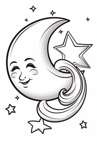 Cute cartoon crescent moon and star for coloring page --ar 2:3 --q 2