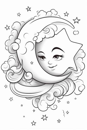 Cute cartoon crescent moon and star for coloring page --ar 2:3 --q 2