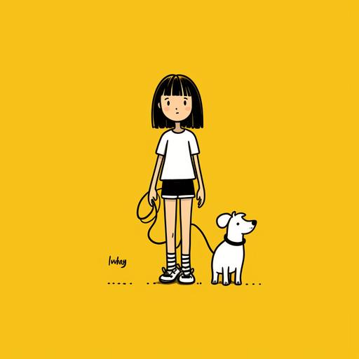 Cute cartoon girl is yellow short sleeve white dress leading dog, full body, yellow background, Keith Haring style doodle, sharpie illustration, bold black lines and solid colors, simple details, minimalism, sharpie illustration --s 180