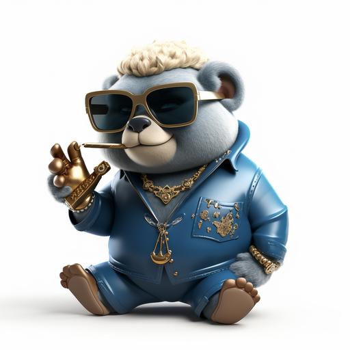 Cute cartoon rich bear smoking a cigar, wearing blue clothes, sunglasses and gold chain, 4k, white background