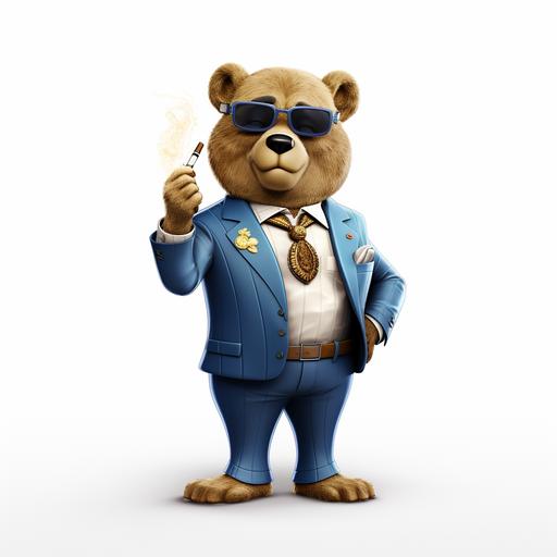 Cute cartoon rich bear smoking cigar wearing blue suit ,4k,White background