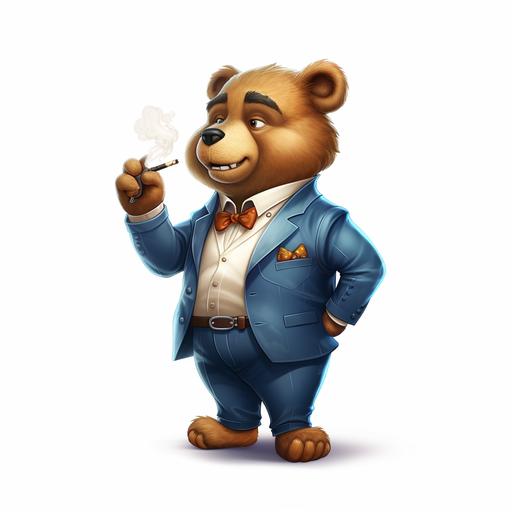 Cute cartoon rich bear smoking cigar wearing blue suit ,4k,White background