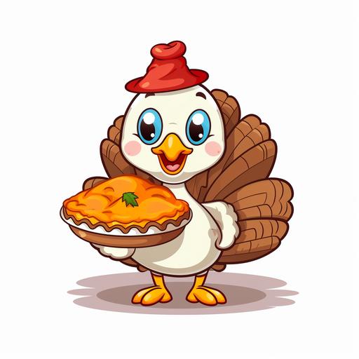 Cute cartoon turkey eating pumpkin pie, simple white background --ar 1:1