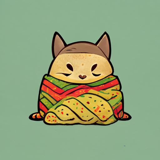 Cute chunky cat wrapped in a taco blanket, cartoon