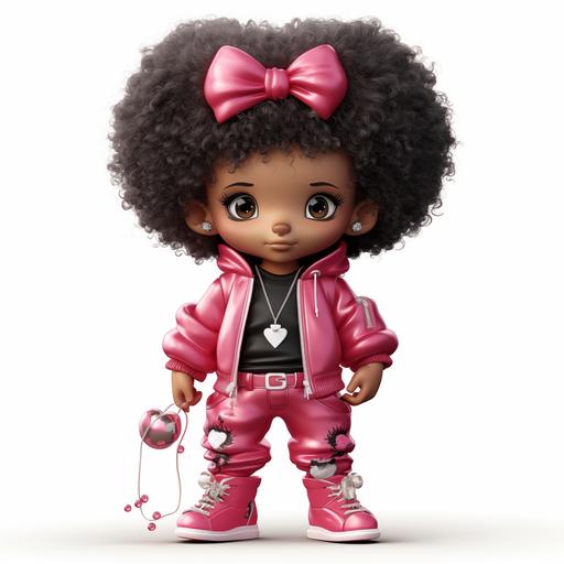 Cute dark brown character teddy bear. Dressed in a hot pink jogging suit with a denim blue jean jacket. with black curly Afro hair. with bling glitter silver shoes with a silver k initial necklace with a silver charm bracelet, with long black mink eye lashes