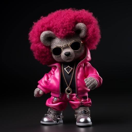 Cute dark brown character teddy bear. Dressed in a hot pink jogging suit with a denim blue jean jacket. with black curly Afro hair. with bling glitter silver shoes with a silver k initial necklace with a silver charm bracelet, with long black mink eye lashes