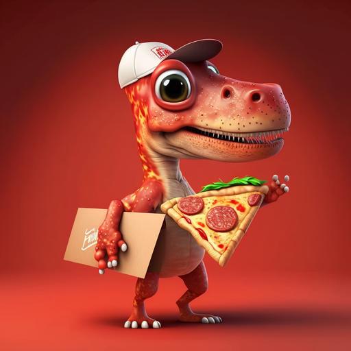 Cute dinosaur, chibi, red shirt, red cup, labor pizza man, background pizzeria, red pizza box in the hand, waiter, hiper realistic, 4k