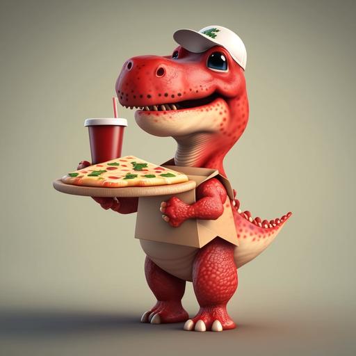Cute dinosaur, chibi, red shirt, red cup, labor pizza man, background pizzeria, red pizza box in the hand, waiter, hiper realistic, 4k