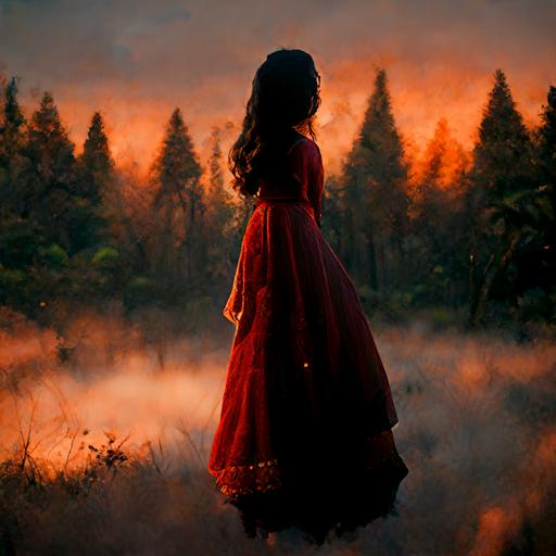 Cute filipina girl with a button nose dressed in a red night gown in cozy forest, sunset, photo realistic, cinematic, 8k