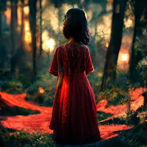 Cute filipina girl with a button nose dressed in a red night gown in cozy forest, sunset, photo realistic, cinematic, 8k