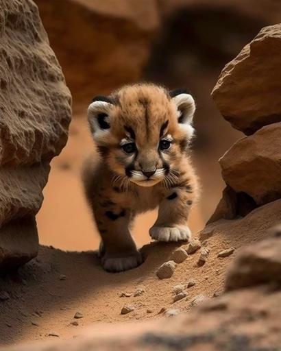 Cute fluffy Mountain lion cub on a secret mission --ar 4:5 --c 50 --s 600