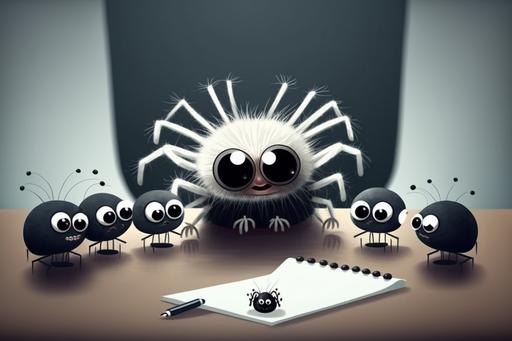 Cute fluffy happy jumping spiders sitting at a meeting table at a big corporation with the spider boss. They are wearing suits and ties. Cute spider assistant with snacks. Cartoon, dynamic scene, round, taking notes, white board presentation, smiling --ar 3:2