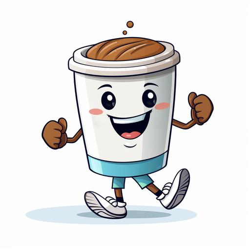 Cute funny coffee cup cartoon vector drawing style, wearing shoes, holding a laptop, and happy smiling, on white background