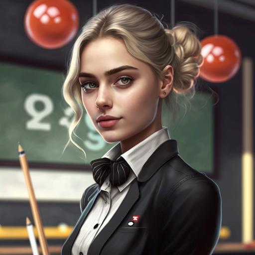 Cute girl in a black suit with a butterfly tie playing 8 ball game . Realistic style . 16:9 . 4k .