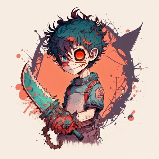 Cute insane villain boy with stitches, holding a chainsaw, anime profile picture --v 4