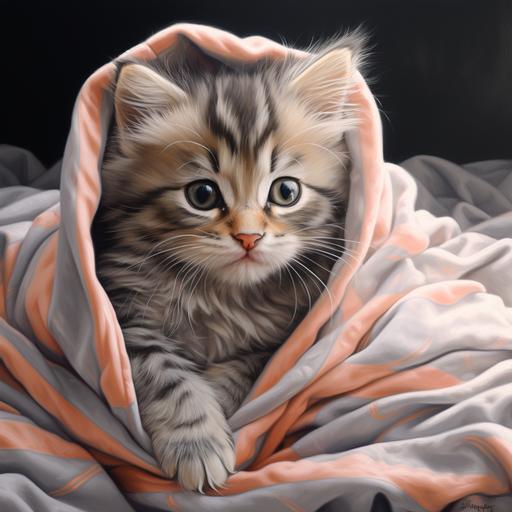 Cute kitten, photorealistic, wrapped in bedding, cute,No Background,--ar 3:4