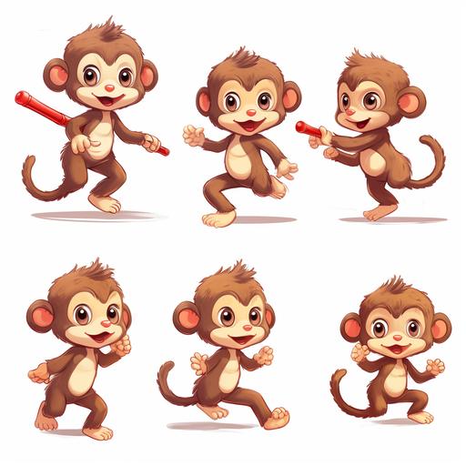 Cute little monkey, Running side ways with a baton for the track and field relay,, Multiple poses and expressions,No Background--niji--ar 1:1