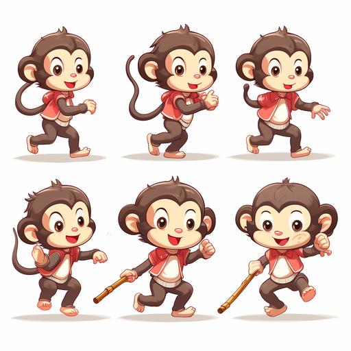 Cute little monkey, Running side ways with a baton for the track and field relay,, Multiple poses and expressions,No Background--niji--ar 1:1