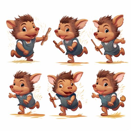 Cute little wild boar, Running side ways with a baton for the track and field relay,, Multiple poses and expressions,No Background--niji--ar 1:1