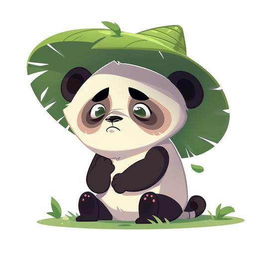 Cute panda head, black and white, wearing green clothes and a green straw hat, awkward sweating expression, IP image  --ar 1:1 --style expressive --niji 5