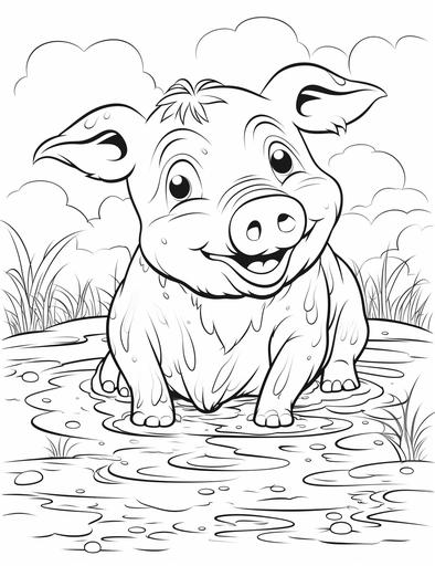 Cute pig rolling in the mud, kids coloring page, cartoon style, cute and clean line art, white background, High quality, low details, --ar 17:22