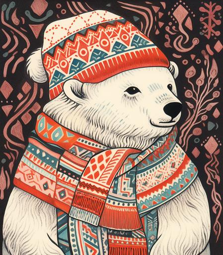 Cute polar bear wearing hat, scarf, boots, norwegian knitted ugly sweater winter wonderland Mark Briscoe Annie Soudain highly patterned linocut print style --ar 7:8 --niji 5