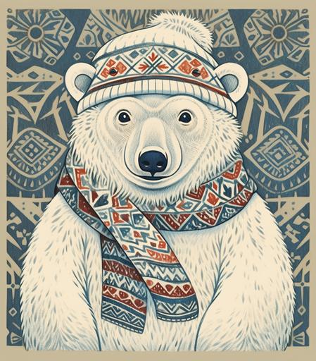 Cute polar bear wearing hat, scarf, boots, norwegian knitted ugly sweater winter wonderland Mark Briscoe Annie Soudain highly patterned linocut print style --ar 7:8 --niji 5