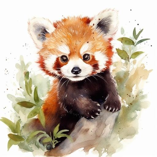 Cute red panda, Watercolor Painting, full body, Safari Wall Decor, Baby Animal, wild Animal, detailed