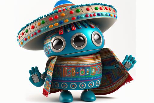 Cute robot with big eyes celebrating Cinco de Mayo, Pixar style. The robot has a shiny metallic body with sleek curves and smooth edges. Its eyes are large and round, with a bright blue color that shines with excitement. The robot is wearing a colorful sombrero and a matching poncho with intricate patterns and designs. In one hand, it holds a maraca, while the other hand is raised in celebration. The environment is a lively and vibrant Mexican fiesta, with colorful papel picado hanging overhead and the sound of lively music filling the air. The mood is festive and joyous, with people dancing and laughing all around the robot. The atmosphere is filled with energy and excitement, with the air buzzing with anticipation. The prompt should be realized as a digital painting using a Wacom tablet and Adobe Photoshop with a resolution of 3000x2000 and a color depth of 16 bits. The brush should be set to a soft round brush with opacity and flow set to 100%, and the colors should be bright and vivid with a lot of contrast. The scene should be composed with the robot in the center, surrounded by the colorful fiesta, with a focus on the details of the robot's design and the intricate patterns of the sombrero and poncho. --ar 3:2