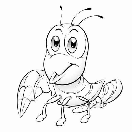 Cute shrimp, cartoon style for coloring book, smile, simple line coloring, white sketching, no background, No filling color.