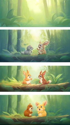 Cute squirrel and rabbit, facing each other and crying, ghibli style,Multiple poses and expressions,full colour,flat colour,illustration style,cute,full colour,flat--niji --no outline --ar 9:16