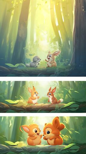 Cute squirrel and rabbit, facing each other and crying, ghibli style,Multiple poses and expressions,full colour,flat colour,illustration style,cute,full colour,flat--niji --no outline --ar 9:16