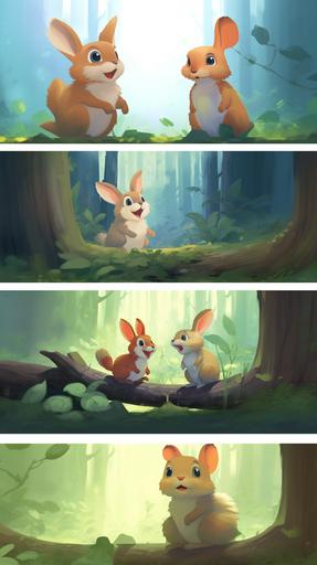 Cute squirrel and rabbit, facing each other and crying, ghibli style,Multiple poses and expressions,full colour,flat colour,illustration style,cute,full colour,flat--niji --no outline --ar 9:16