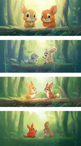 Cute squirrel and rabbit, facing each other and crying, ghibli style,Multiple poses and expressions,full colour,flat colour,illustration style,cute,full colour,flat--niji --no outline --ar 9:16