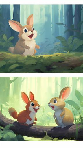 Cute squirrel and rabbit, facing each other and laughing, ghibli style,Multiple poses and expressions,full colour,flat colour,illustration style,cute,full colour,flat--niji --no outline --ar 9:16