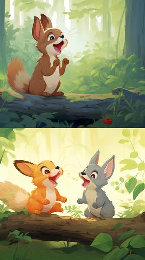 Cute squirrel and rabbit, facing each other and laughing, ghibli style,Multiple poses and expressions,full colour,flat colour,illustration style,cute,full colour,flat--niji --no outline --ar 9:16