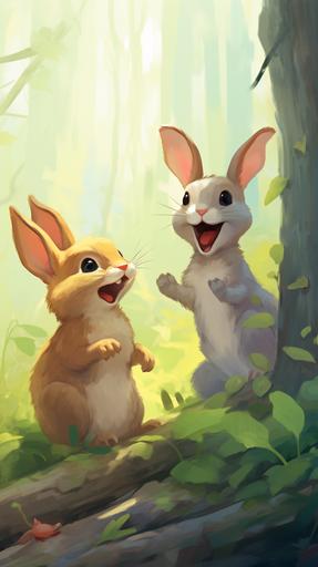 Cute squirrel and rabbit, facing each other and laughing, ghibli style,Multiple poses and expressions,full colour,flat colour,illustration style,cute,full colour,flat--niji --no outline --ar 9:16