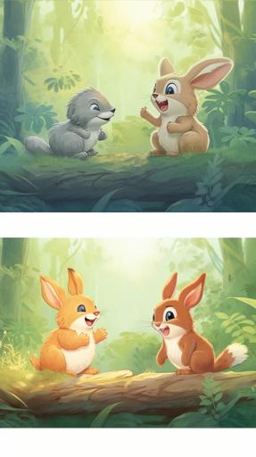 Cute squirrel and rabbit, facing each other and laughing, ghibli style,Multiple poses and expressions,full colour,flat colour,illustration style,cute,full colour,flat--niji --no outline --ar 9:16