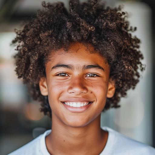 Cute teen black boy with good smile and curly dark brown hair who is very sweet