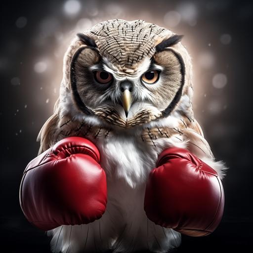 Cute white owl. Boxer. Red boxing gloves. Spotlight --s 250 --style raw